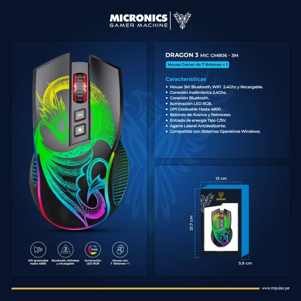 Mouse Gamer Micronics Dragon 3 - MIC GM806 - Inalambrico Bluetooth Recargable - Imagen 2
