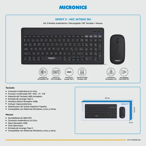 Teclado mas Mouse Micronics Spirit 3 - MIC WT800 3M - Inalambrico, Bluetooth, Recargable - Imagen 2