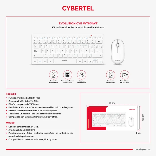 Teclado mas Mouse Inalambrico Cybertel Evolution - CYB WT801WT - Imagen 2
