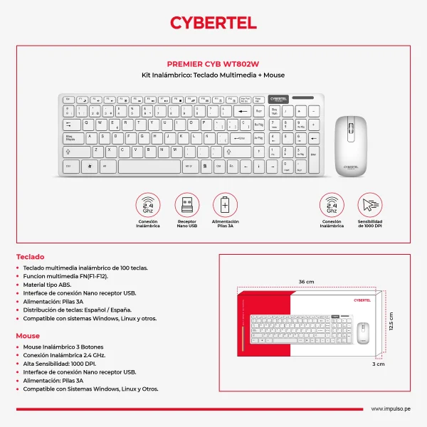 Teclado mas Mouse Inalambrico Cybertel Premier - CYB WT802W - Imagen 2